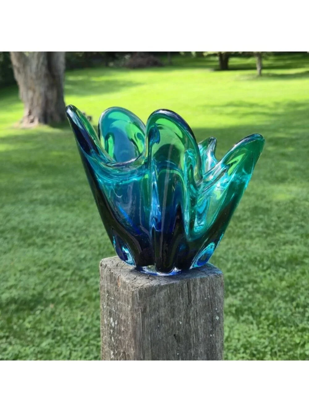 Turquoise Aquamarine Handkerchief Glass Vase MCM Mod Rippled VTG Sculptural Art